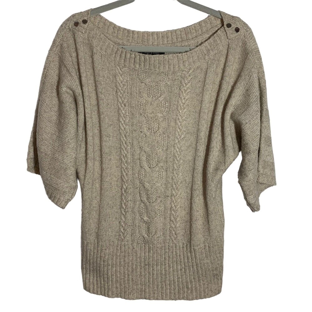 White House Black Market Size M Tan Soft Wool Blend Boat Neck Cable Knit Sweater